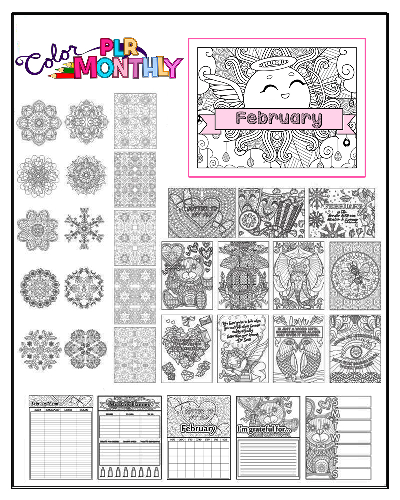 a complete image showing smaller images of all the coloring pages in a package about the month of February