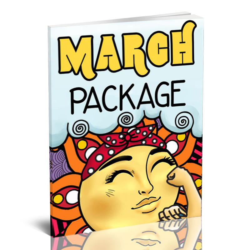 a book cover titled "March Package" with a smiling, flexing sun wearing a ribbon headband