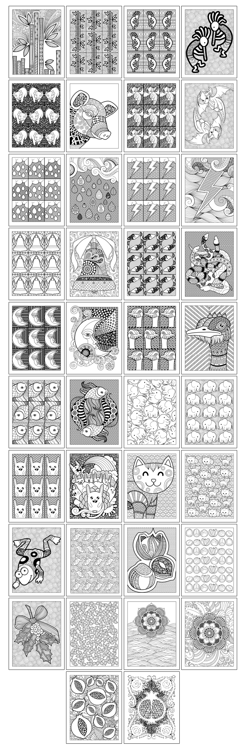 a complete image showing smaller images of all the coloring pages in a package about fertility charms