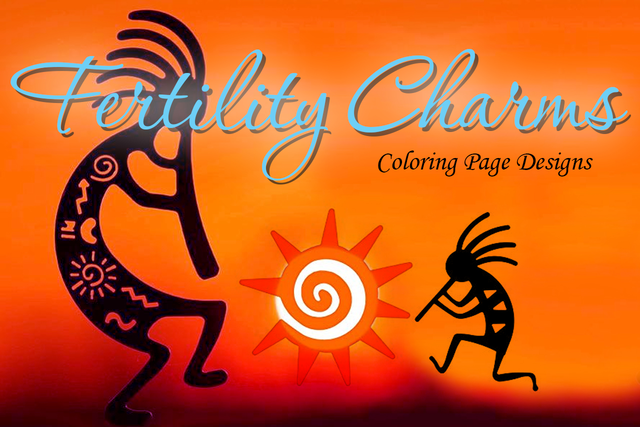 an image with Kokopelli with the text "Fertility Charms Coloring Page Designs"