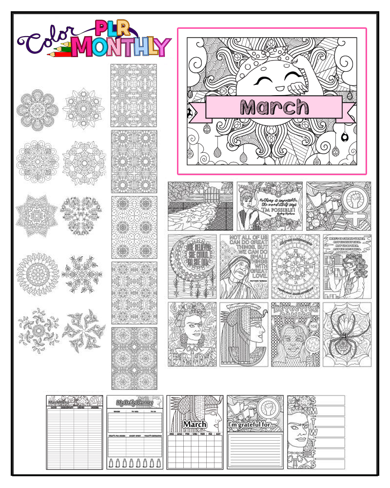 a complete image showing smaller images of all the coloring pages in a package about women empowerment