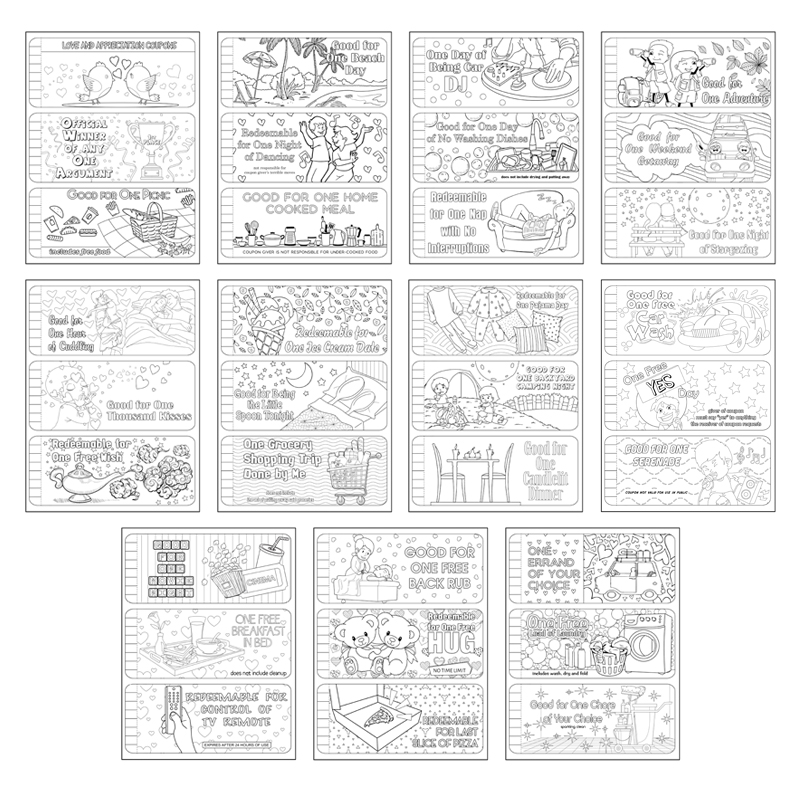 a complete image showing smaller images of all the coloring pages in a package about love & appreciation