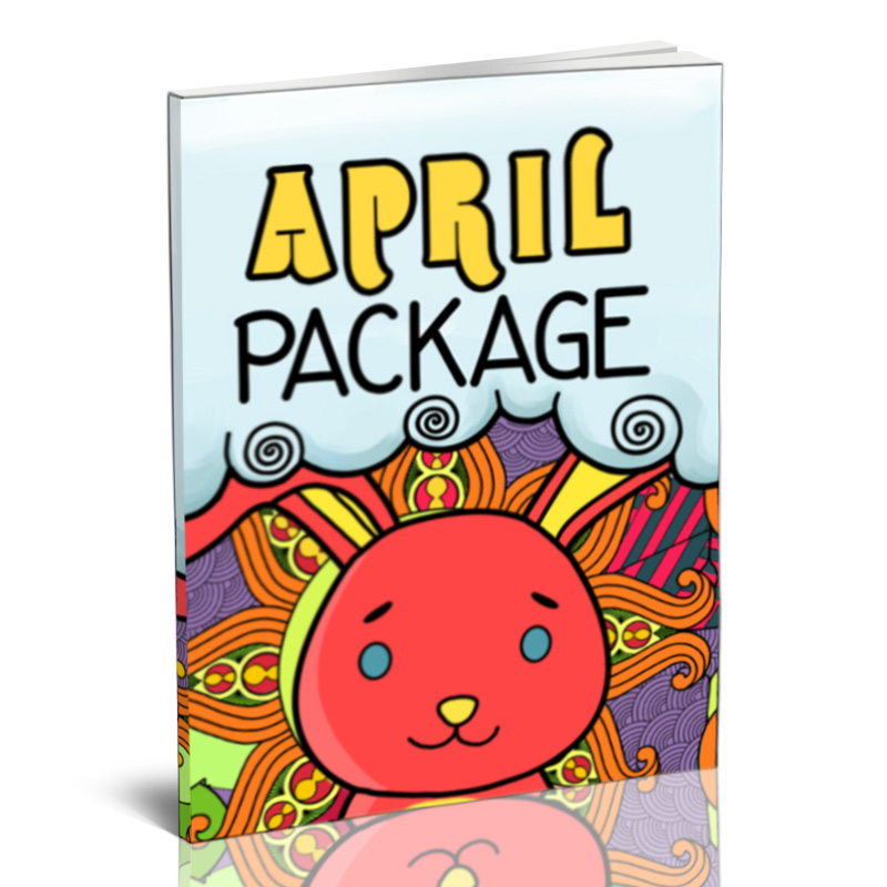 a book cover titled "April Package" with a smiling red rabbit