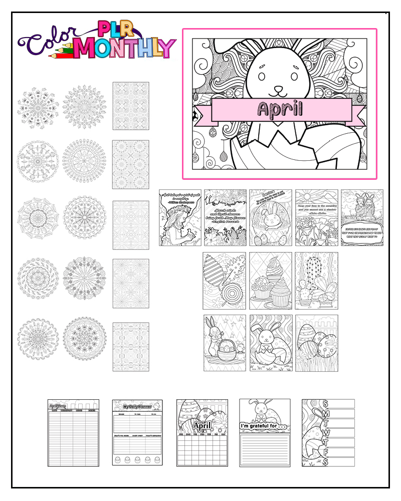 a complete image showing smaller images of all the coloring pages in a package about Easter