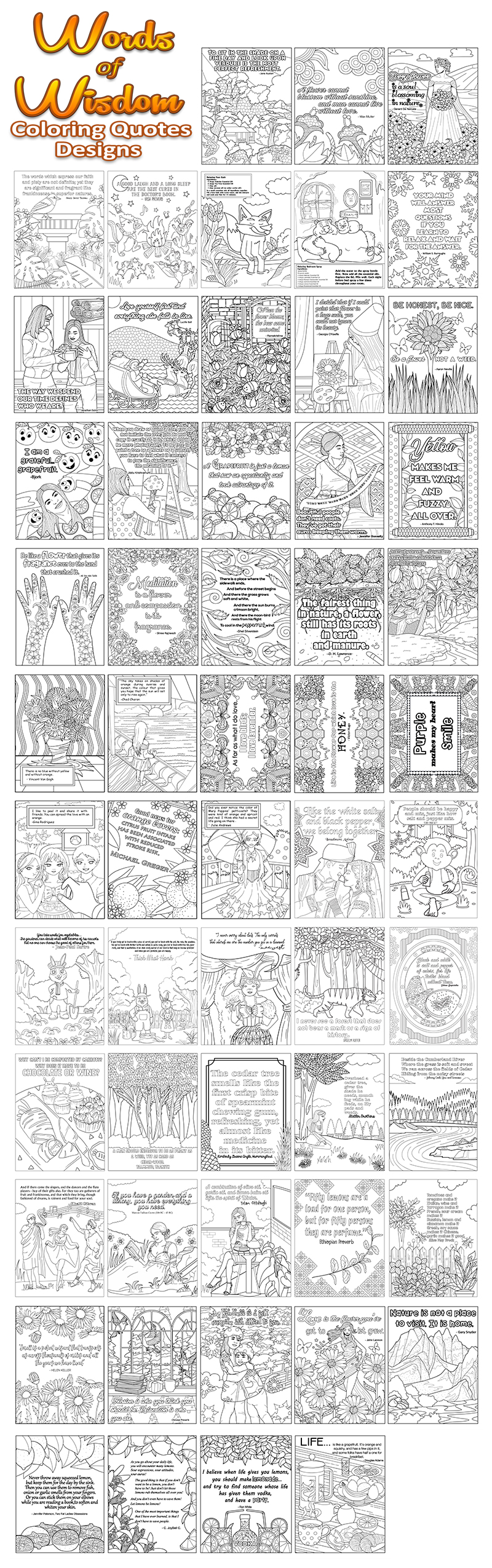 a complete image showing smaller images of all the coloring pages in a package about words of wisdom quotes