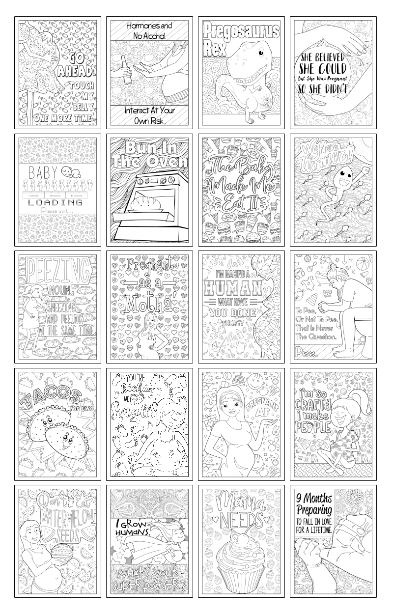 a complete image showing smaller images of all the coloring pages in a package about pregnancy
