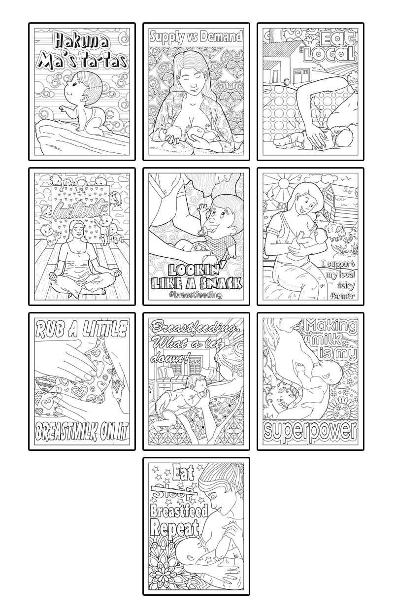 a complete image showing smaller images of all the coloring pages in a package about breastfeeding