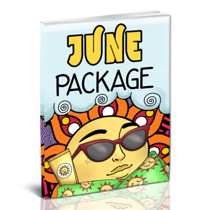 a book cover titled "June Package" with a smiling sun wearing sunglasses