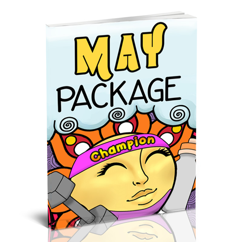 a book cover titled "May Package" with a smiling sun wearing a headband with "Champion" written on it and with dumbbell and tumbler beside