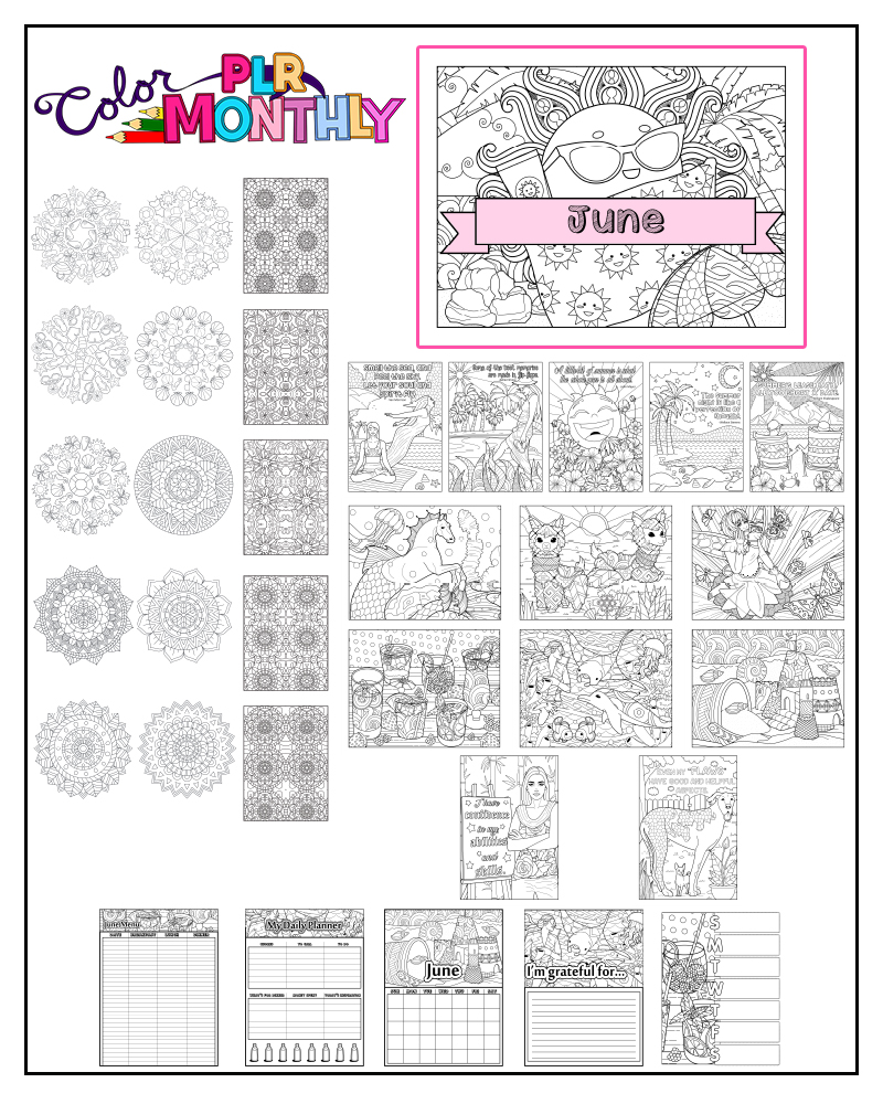 a complete image showing smaller images of all the coloring pages in a package about summer