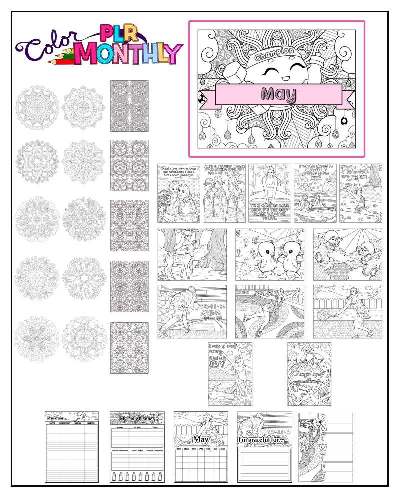 a complete image showing smaller images of all the coloring pages in a package about fitness