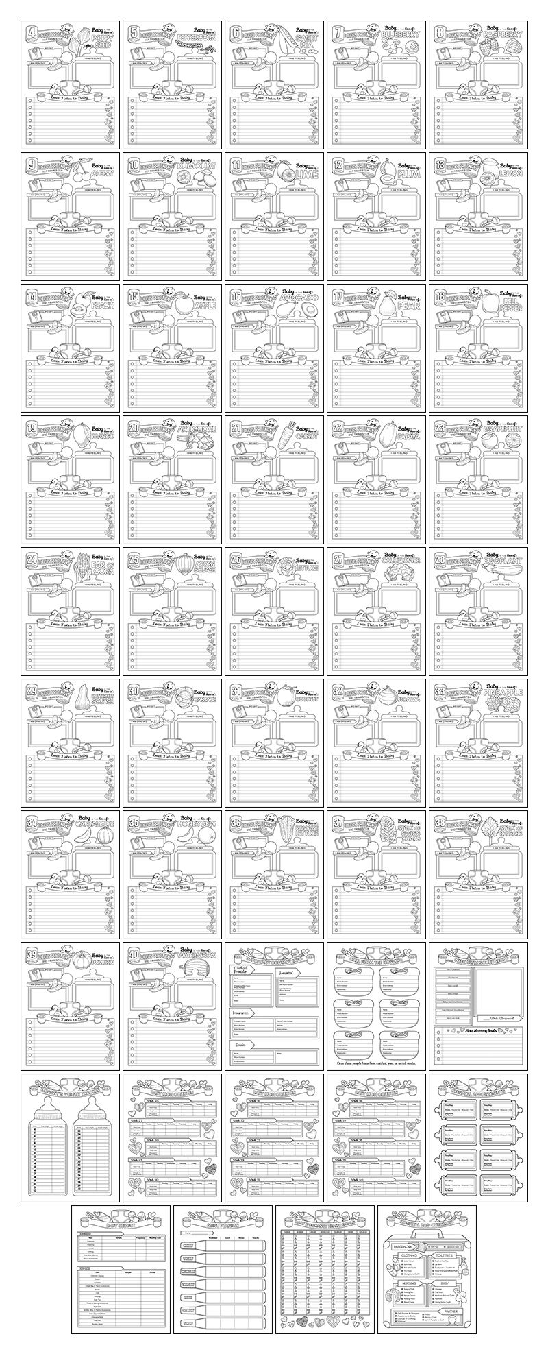 a complete image showing smaller images of all the coloring pages in a package about pregnancy planner