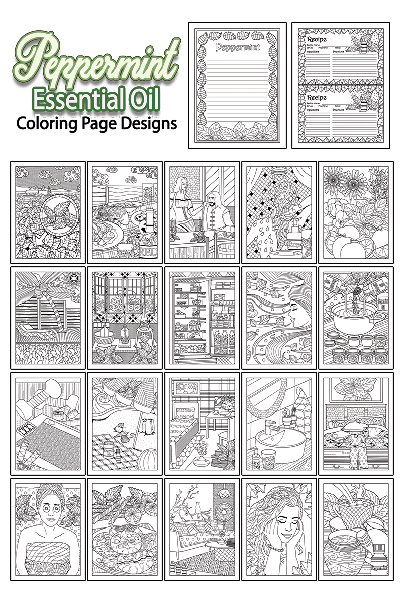 a complete image showing smaller images of all the coloring pages in a package about peppermint essential oil