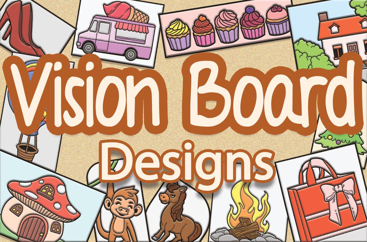 an image with a heeled sandals, an ice cream truck, cupcakes, a house, a hot air balloon, a Christmas tree, a mushroom house, a smiling monkey, a horse, a campfire, and a bag with the title of the product "Vision Board Coloring Page Designs"