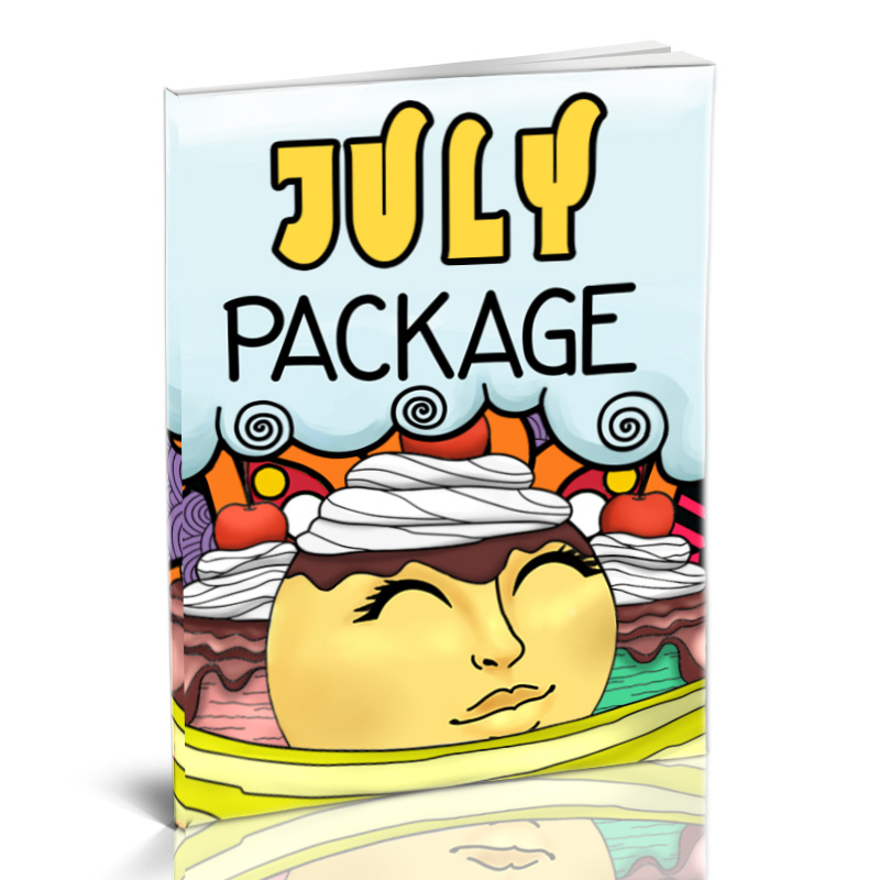 a book cover titled "July Package" with a smiling sun having an ice cream and cherry on its head