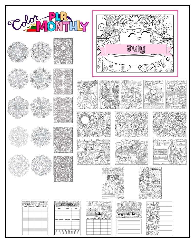 a complete image showing smaller images of all the coloring pages in a package about ice cream & independence day