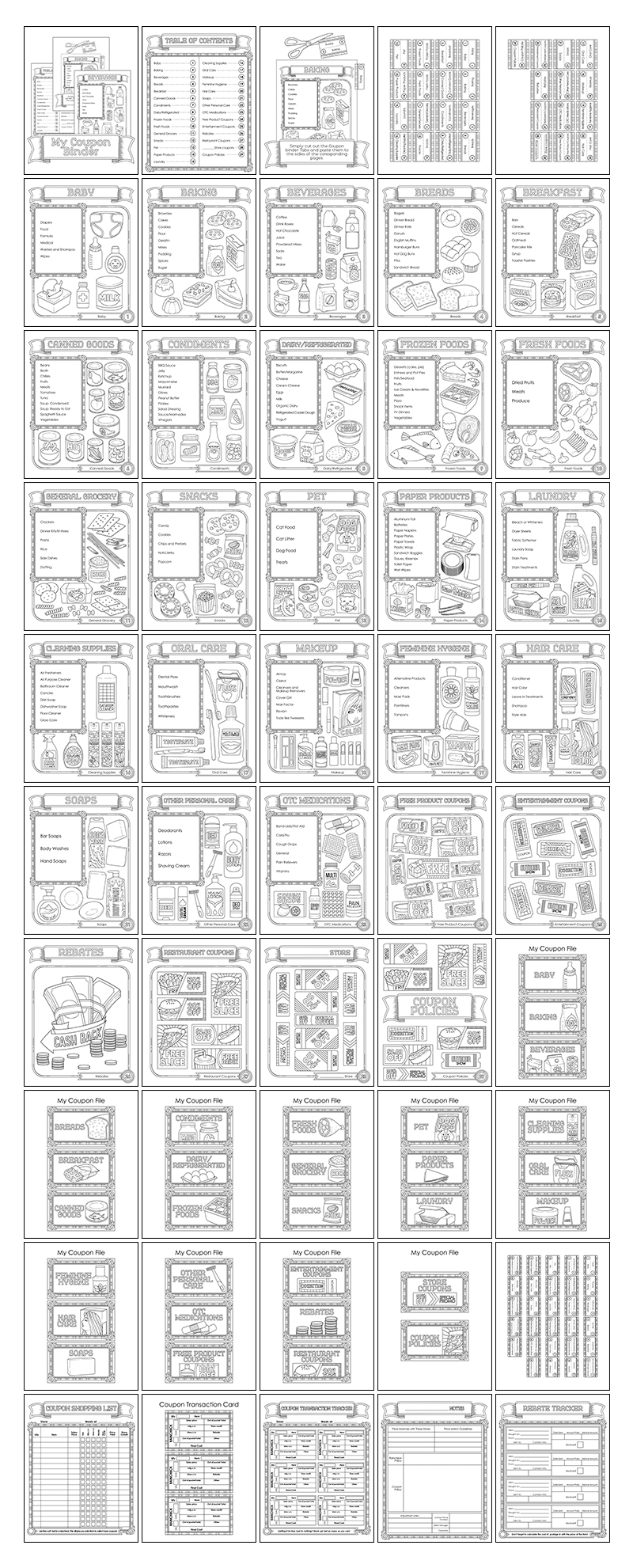 a complete image showing smaller images of all the coloring pages in a planner package of coupons