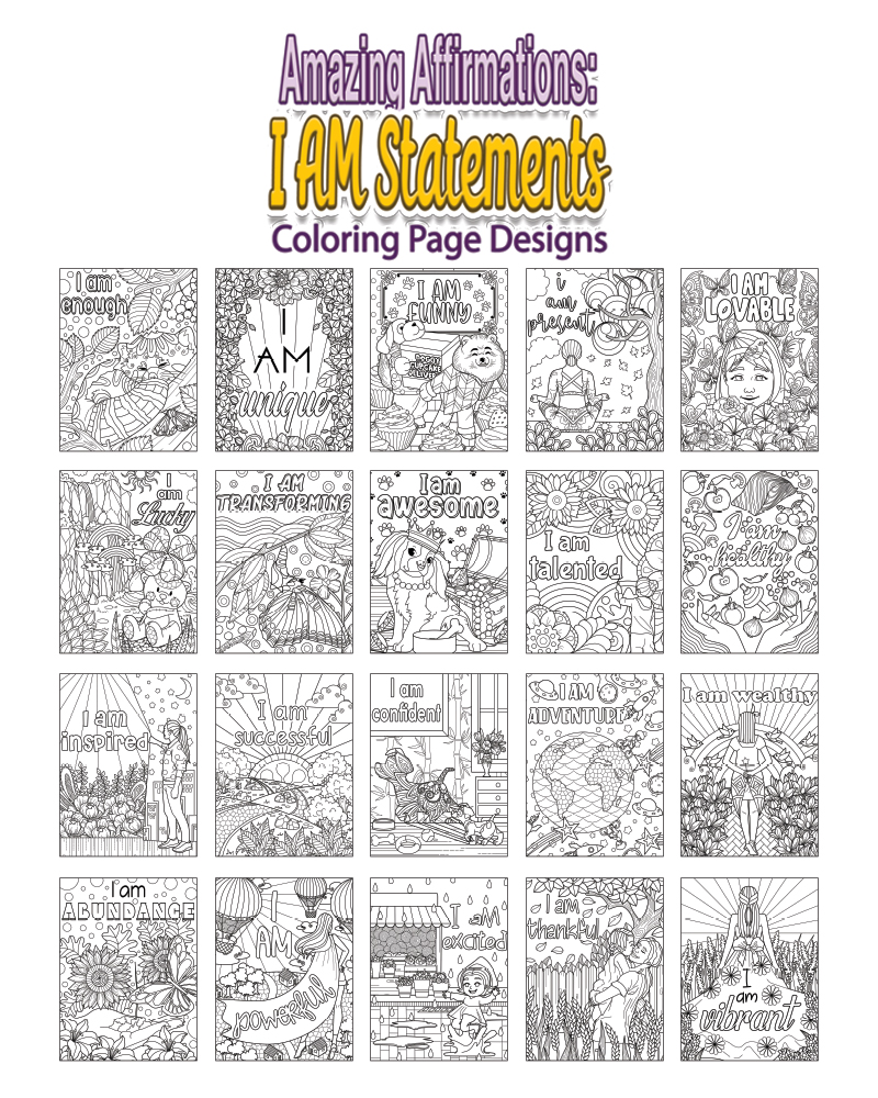 a complete image showing smaller images of all the coloring pages in a package about manifestation statements