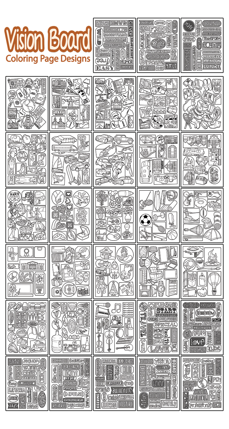 a complete image showing smaller images of all the coloring pages in a package about vision board
