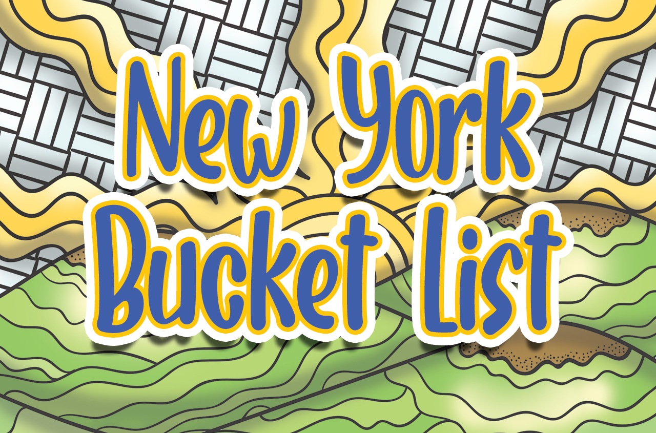 an image with hills and glowing sun with the title of the product "New York Bucket List"