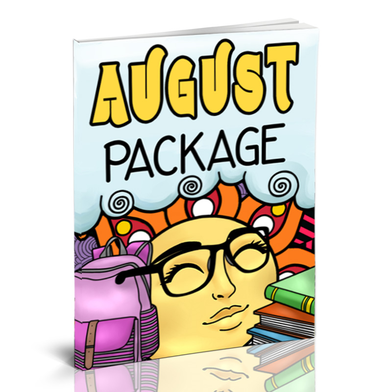 a book cover titled "August Package" with a smiling sun wearing eyeglasses with a backpack and books in front of it