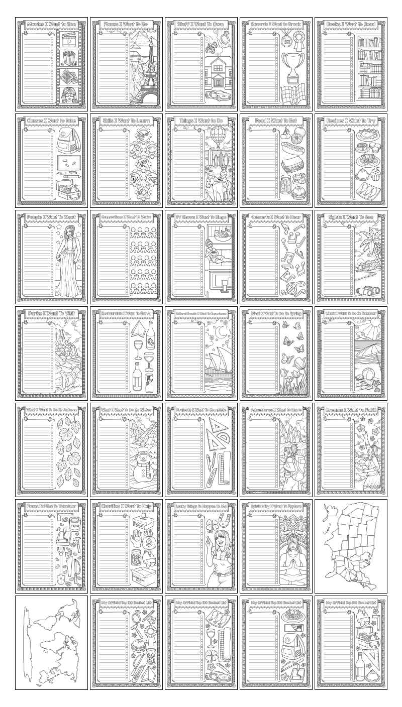 a complete image showing smaller images of all the coloring pages in a journal package about bucket lists