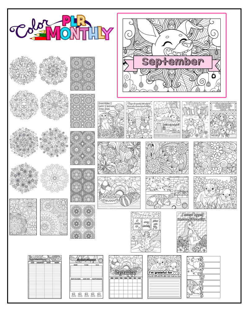 a complete image showing smaller images of all the coloring pages in a package about dogs