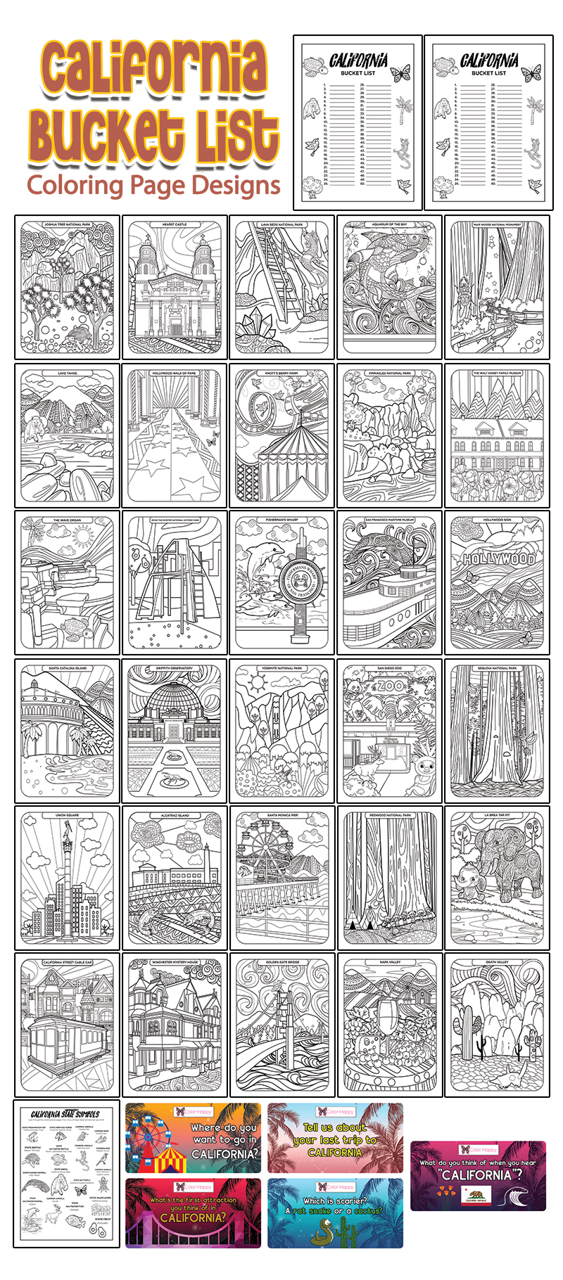 a complete image showing smaller images of all the coloring pages in a package about California bucket list