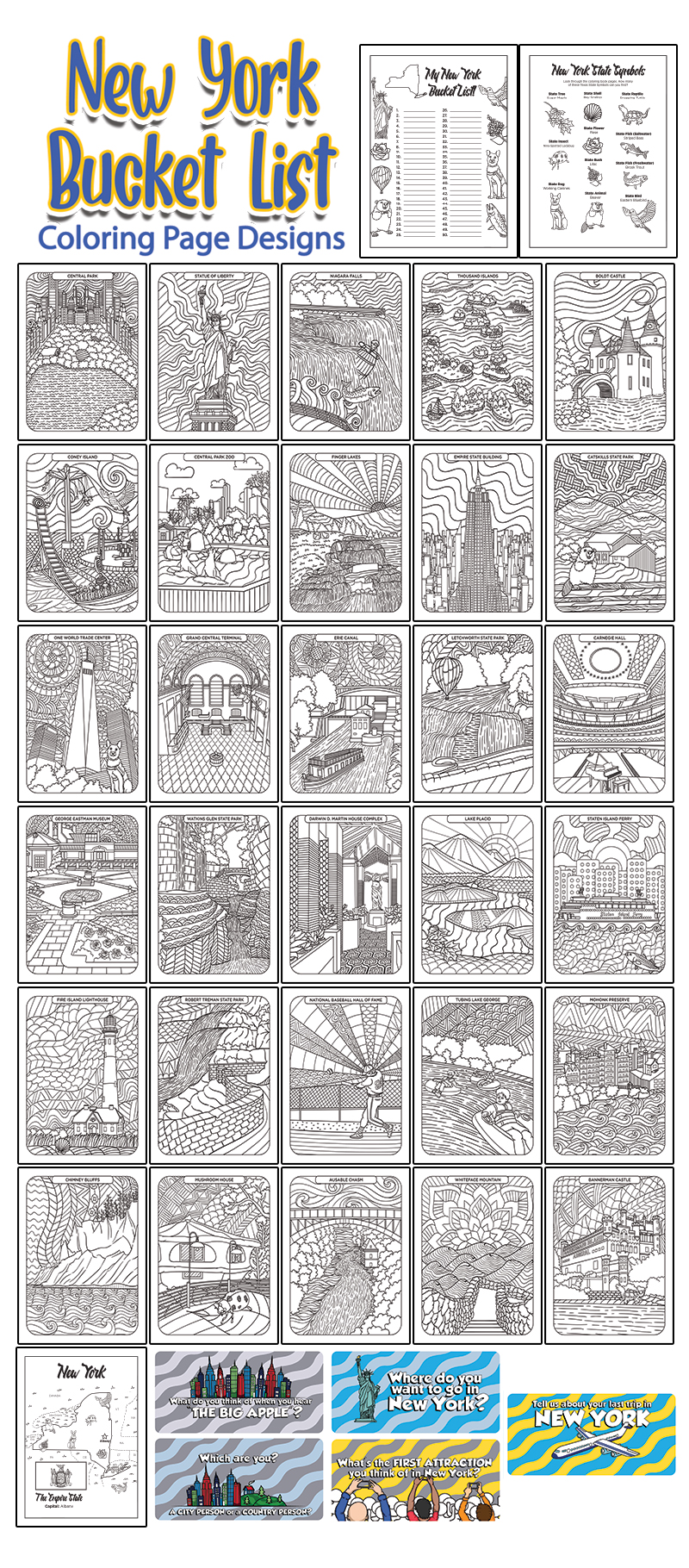a complete image showing smaller images of all the coloring pages in a package about New York bucket list