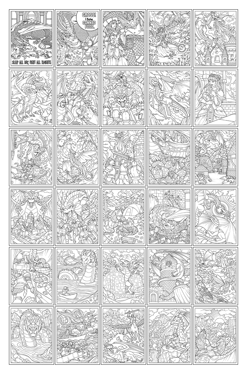 a complete image showing smaller images of all the coloring pages in a package about dragons
