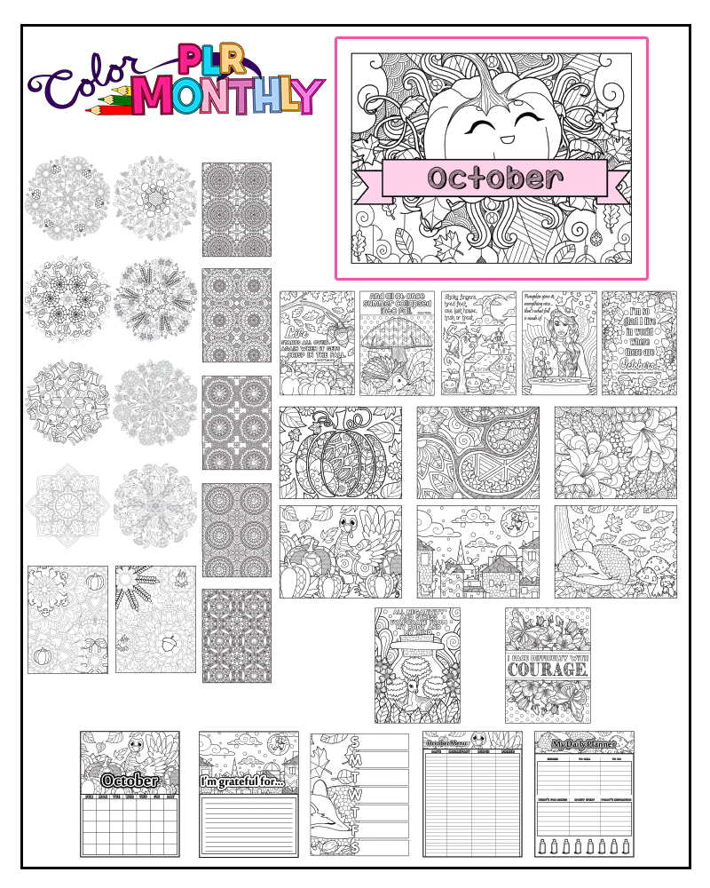 a complete image showing smaller images of all the coloring pages in a package about Fall & Halloween