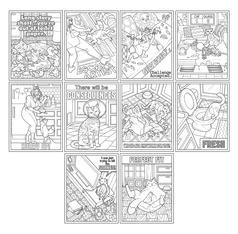 a complete image showing smaller images of all the coloring pages in a package about cats