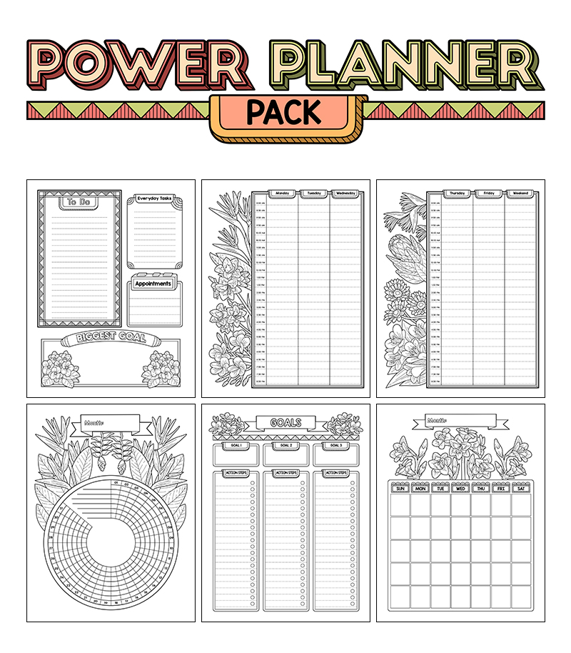 a complete image showing smaller images of all the coloring pages in a package about tropical flowers