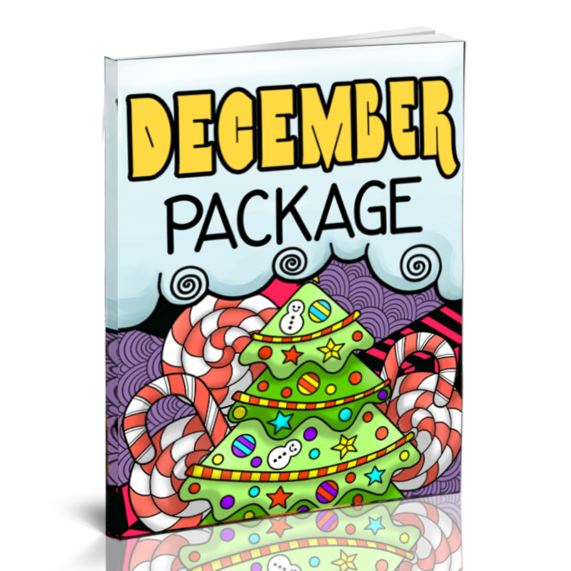 a book cover titled "December Package" with a decorated Christmas tree with sugar canes behind it