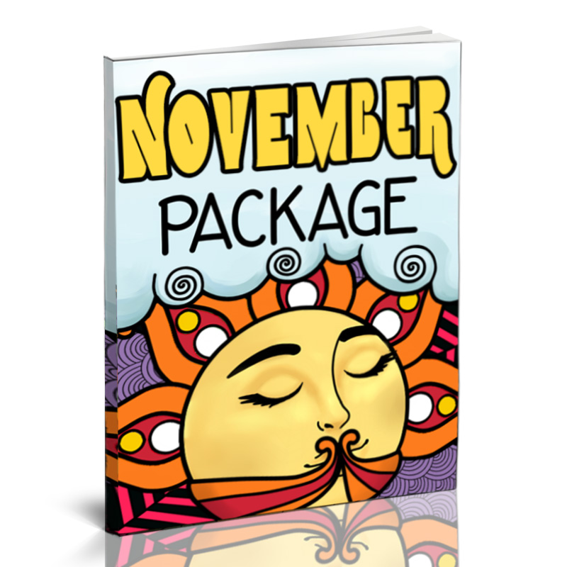 a book cover titled "November Package" with a smiling sun with its eyes closed