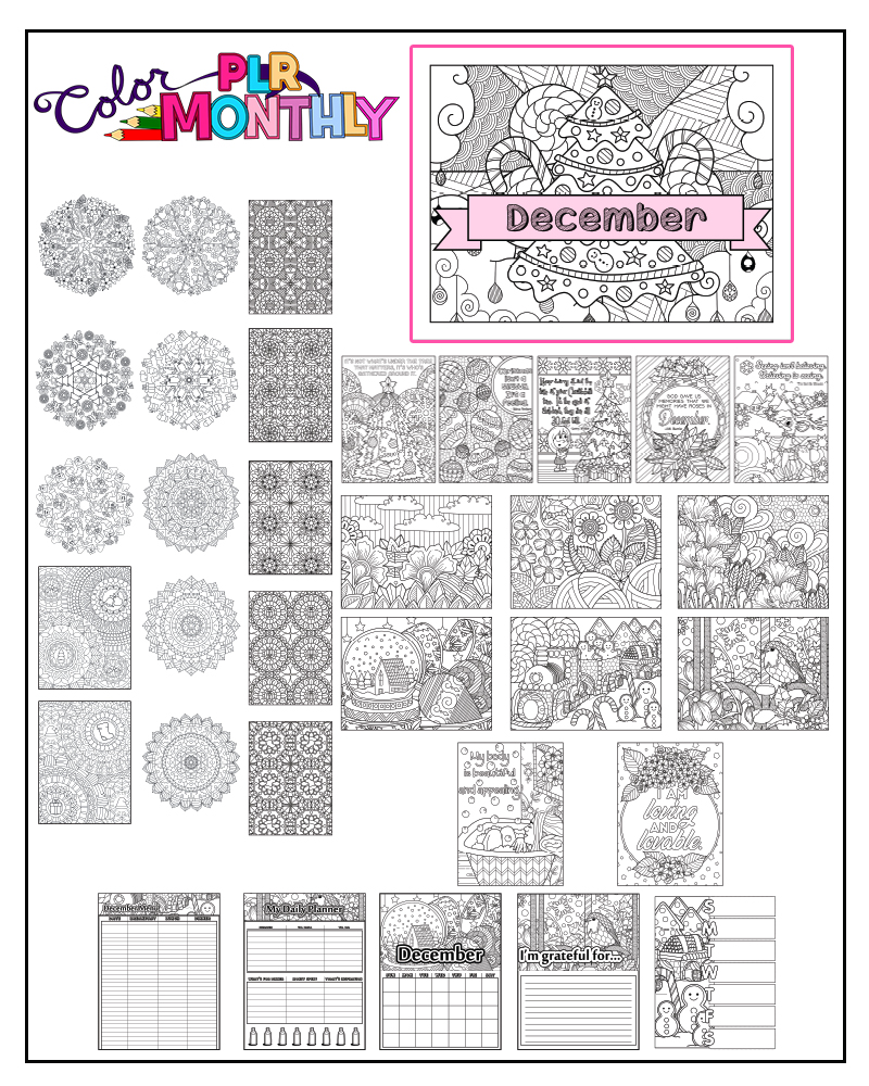 a complete image showing smaller images of all the coloring pages in a package about Christmas