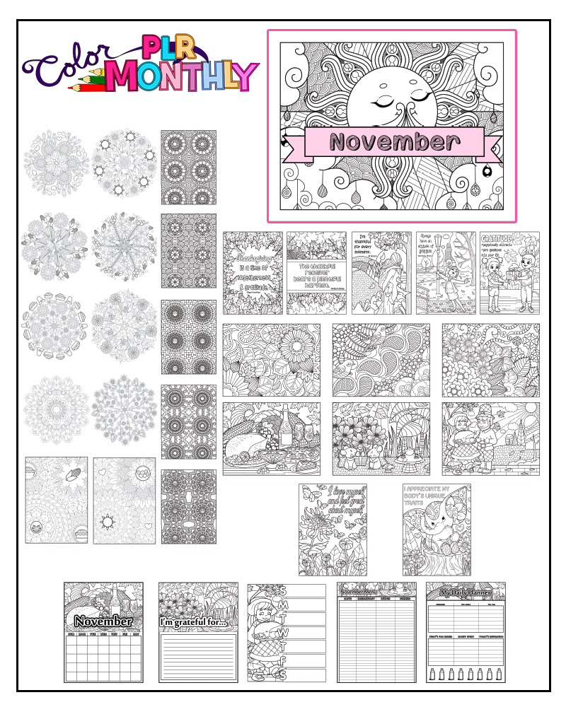 a complete image showing smaller images of all the coloring pages in a package about gratitude