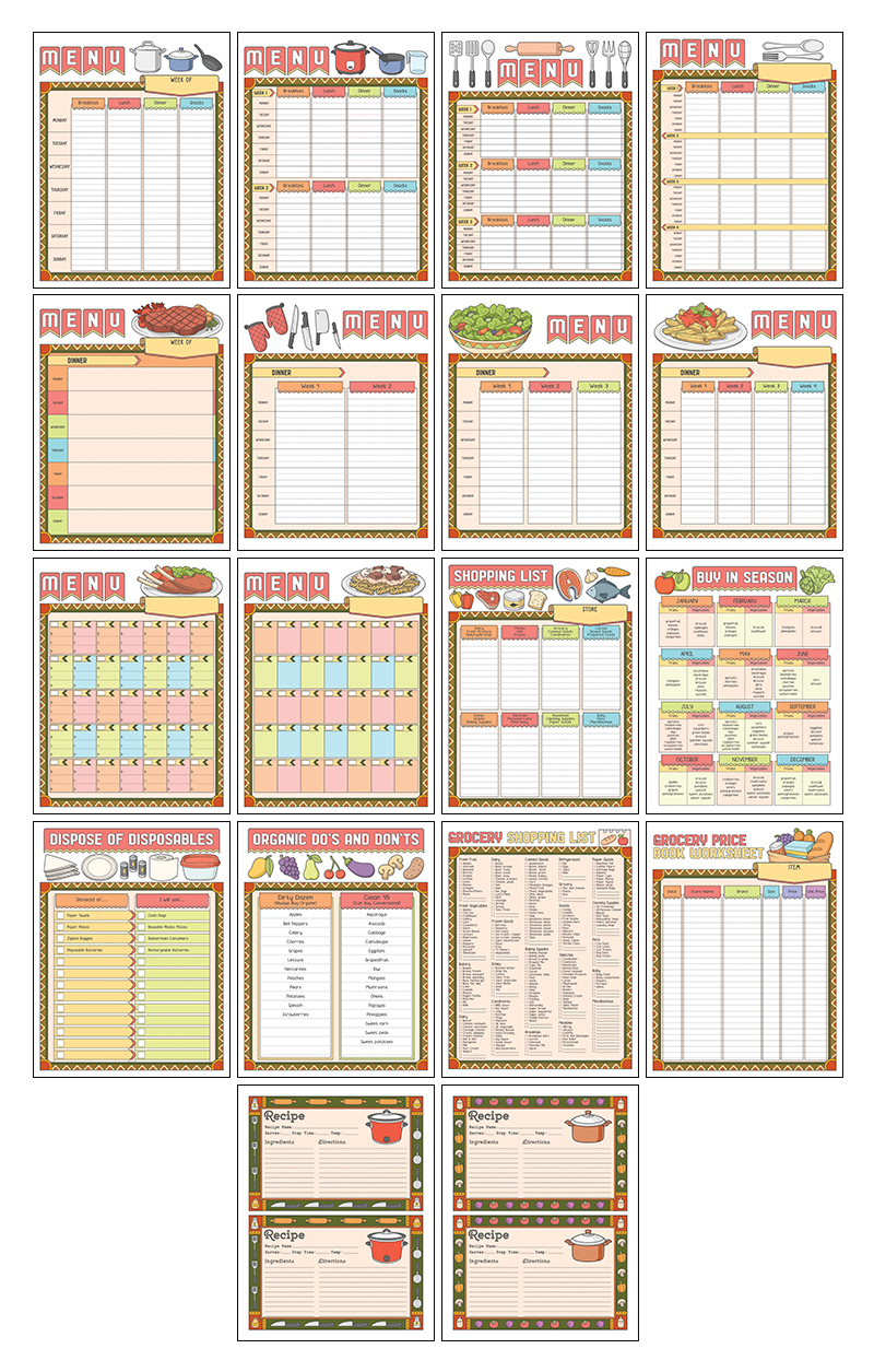 a complete image showing smaller images of all the full color pages in a package about meal & grocery planner