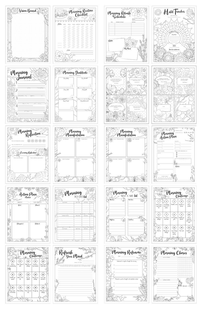 a complete image showing smaller images of all the coloring pages in a package about morning routine