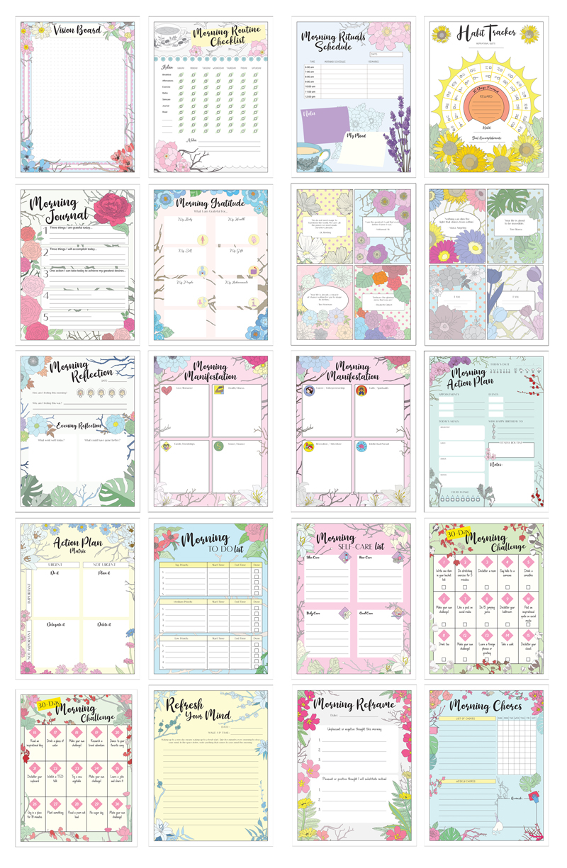 a complete image showing smaller images of all the full color pages in a package about morning routine