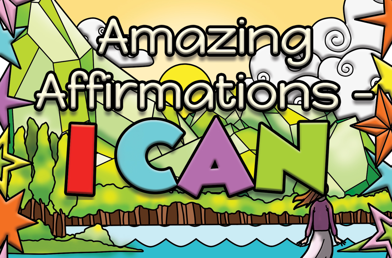 a woman with her back turned, a river with trees and hills behind it, sun and clouds on the sky, and stars on each side of the image with the title of the product "Amazing Affirmations - I Can"