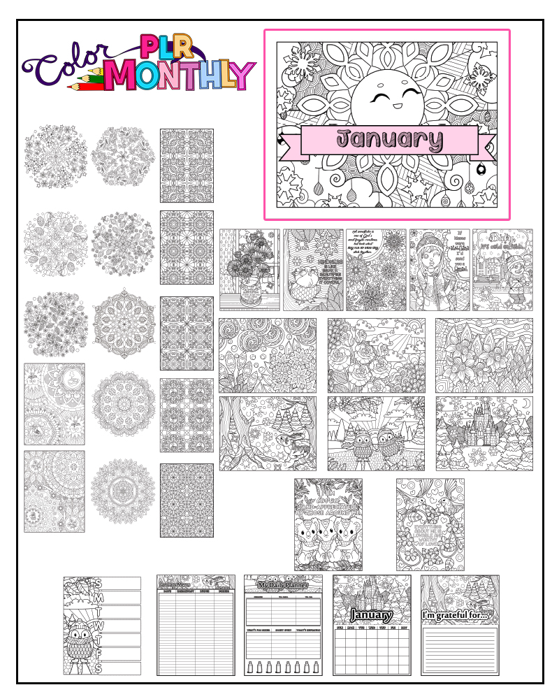 a complete image showing smaller images of all the coloring pages in a package about winter wonderland