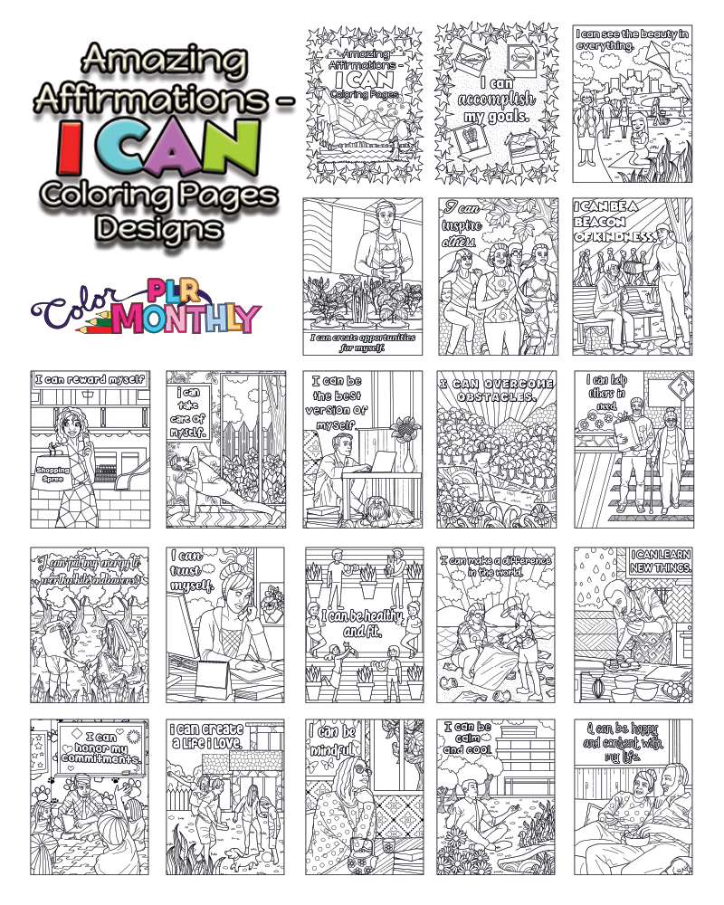 a complete image showing smaller images of all the coloring pages in a package about empowering affirmations