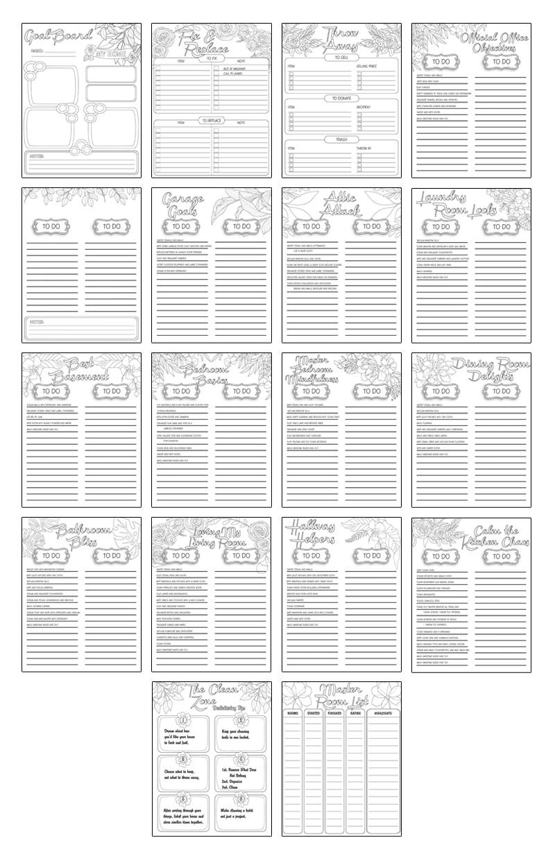 a complete image showing smaller images of all the coloring pages in a package about room by room cleaning checklist