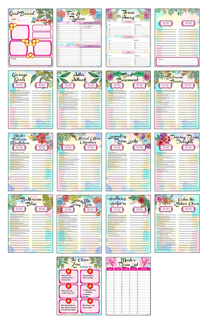 a complete image showing smaller images of all the full color pages in a package about room by room cleaning checklist
