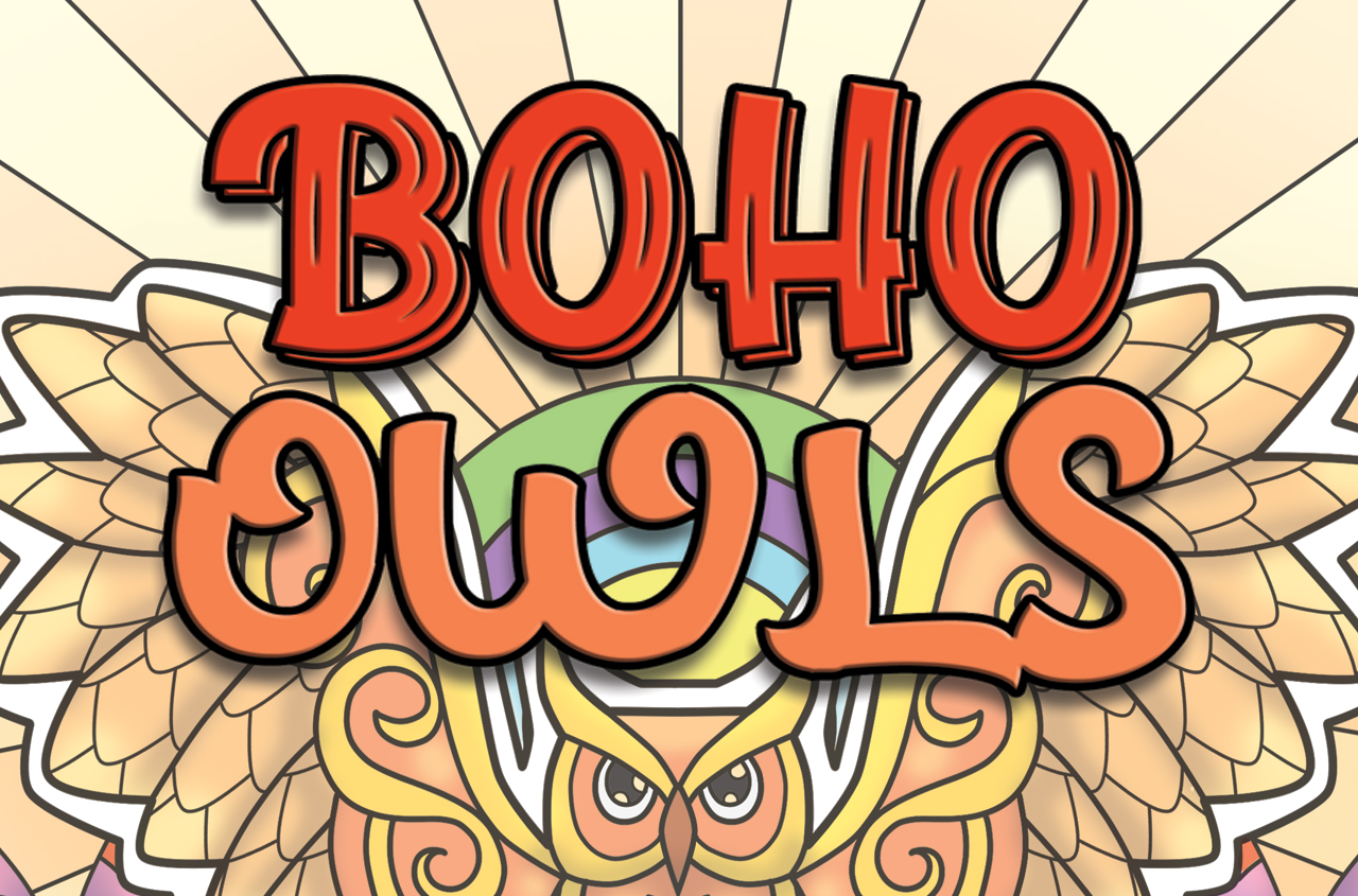 an owl with sunshine behind it and with the title of the product "Boho Owls"