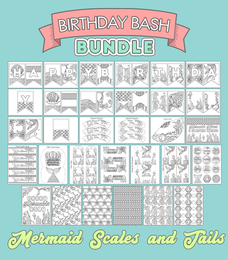 coloring mermaid-themed birthday printables with the text "Birthday Bash Bundle" at the top and "Mermaid Scales and Tails" at the bottom