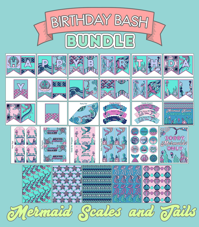 full-color mermaid-themed birthday printables with the text "Birthday Bash Bundle" at the top and "Mermaid Scales and Tails" at the bottom