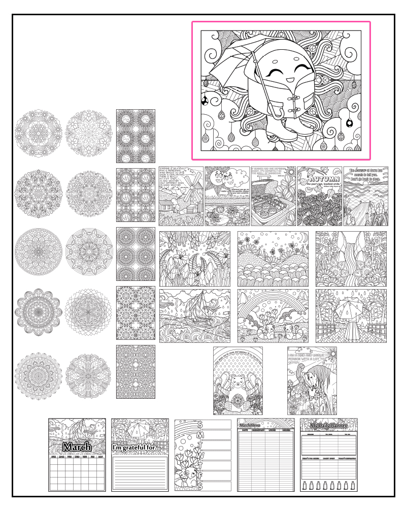 a complete image showing smaller images of all the coloring pages in a package about weather