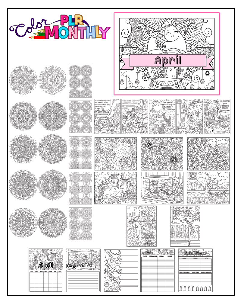 a complete image showing smaller images of all the coloring pages in a package about aquarium